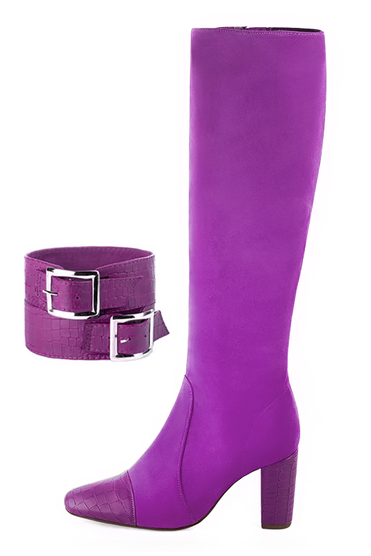 Mauve purple women's calf bracelets, to wear over boots. Top view - Florence KOOIJMAN